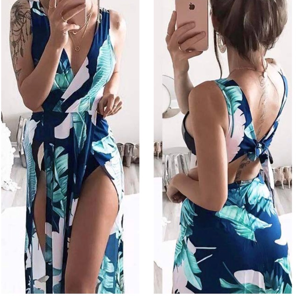 Bohemian Floral Print Front Slits Maxi Dress